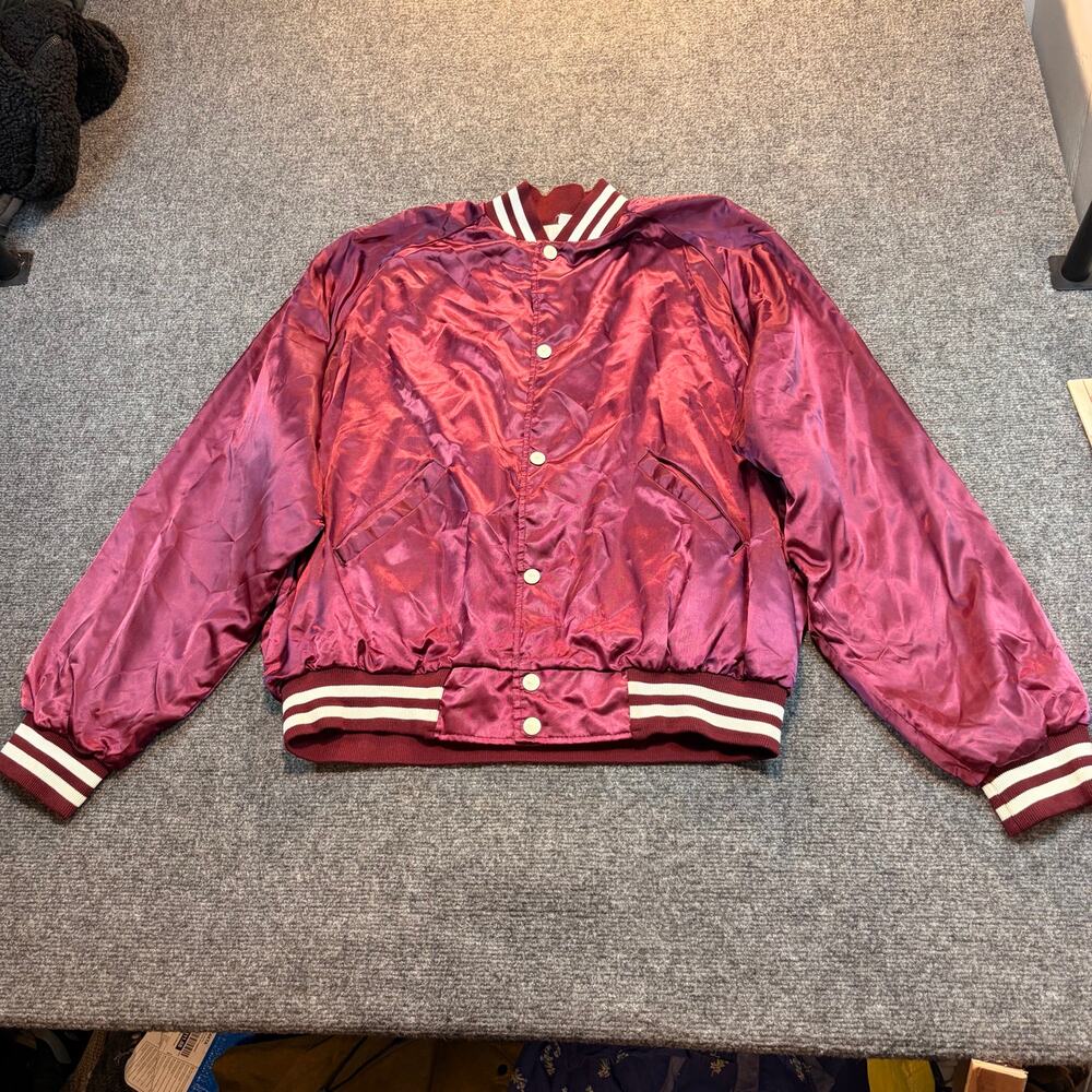 Vintage Marathon Maroon Satin Souvenir Bomber Jacket Ribbed Large Embroidered